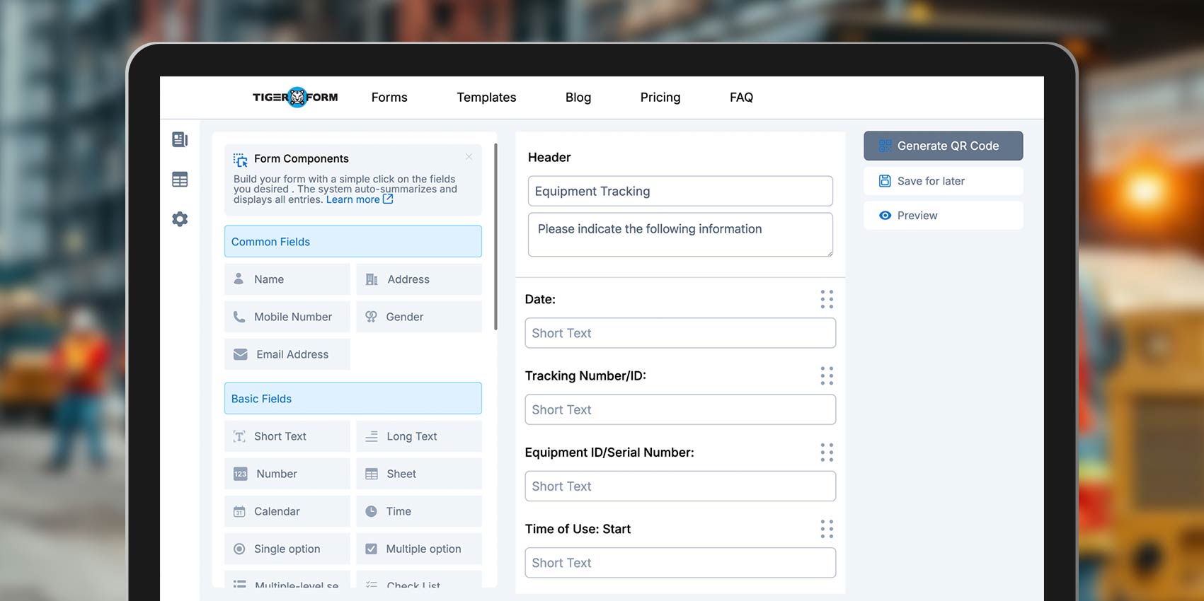 Equipment tracking form for construction