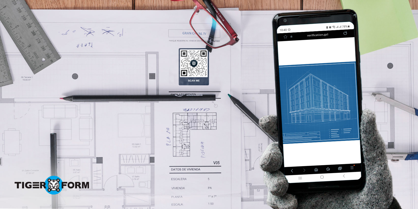 Blueprint with construction QR code