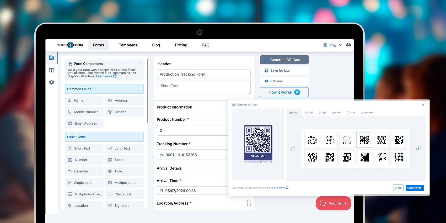 QR code form for manufacturing