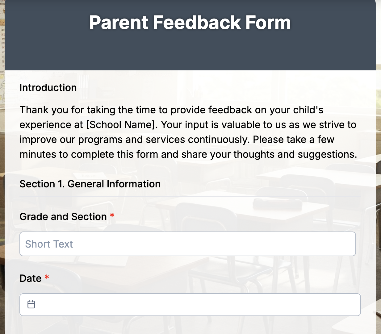 Parent Feedback Form Template Preview