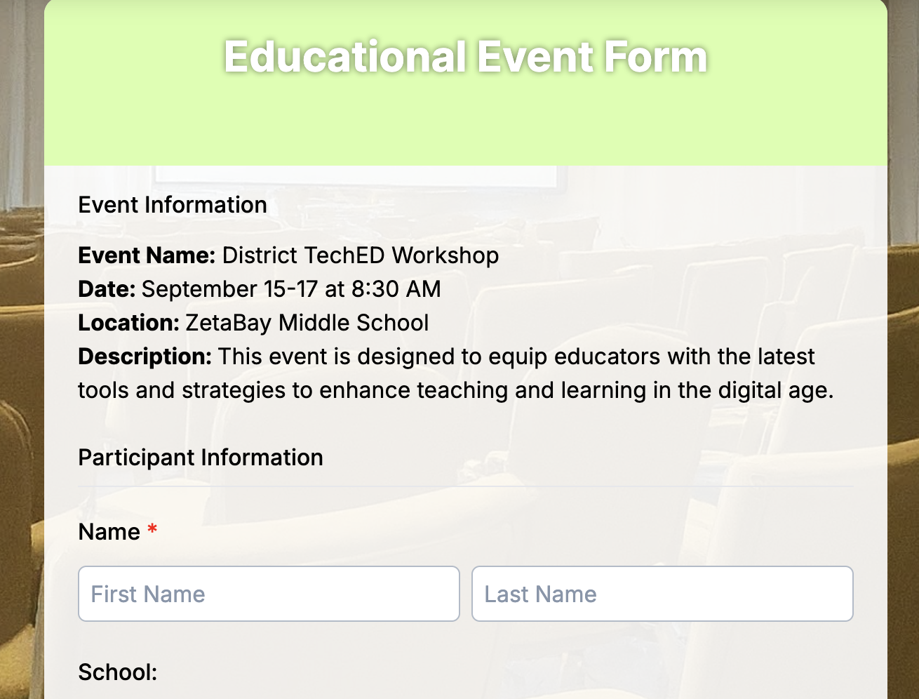 Educational Event Form Preview