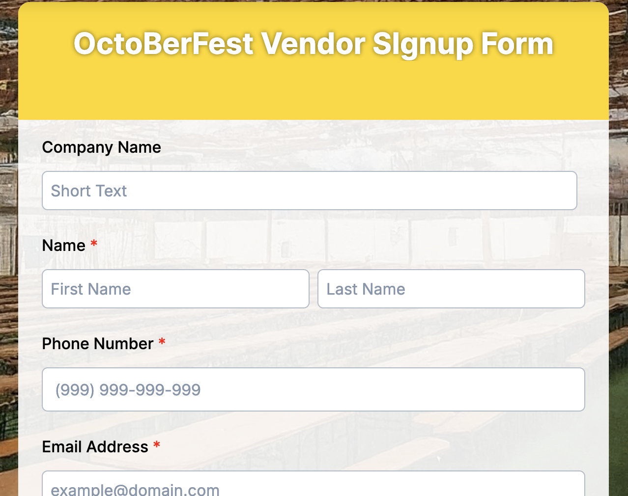 Octoberfest Vendor Signup Form Preview