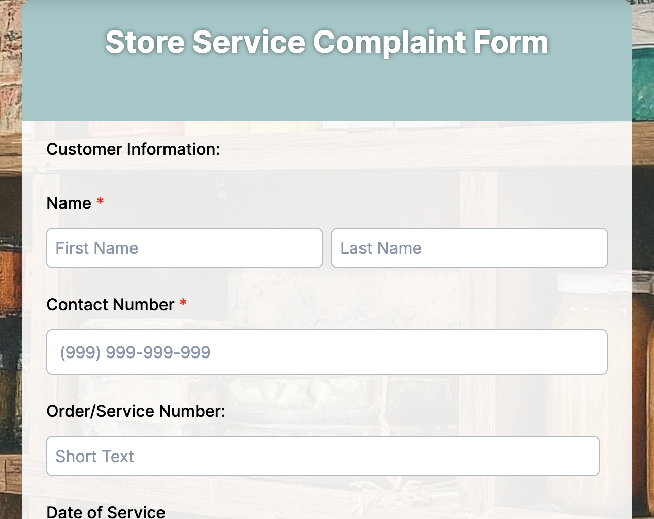 Store Service Complaint Form Preview