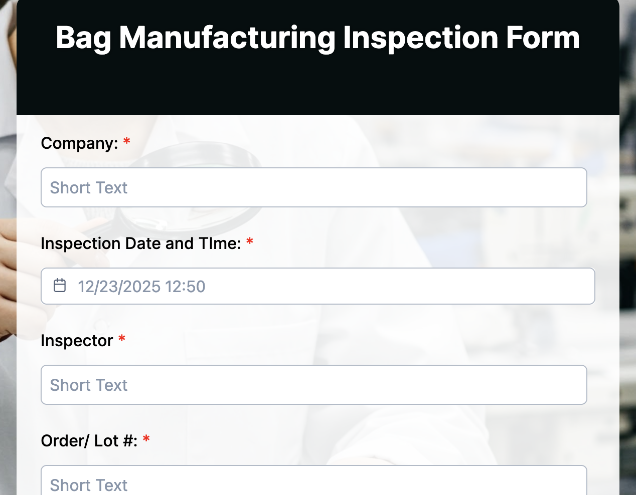 Bag Manufacturing Inspection Form Preview