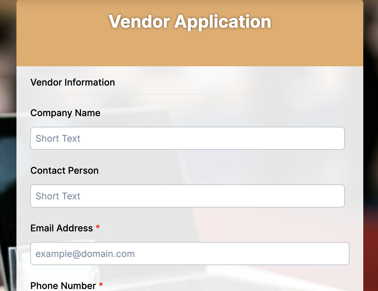 Vendor Application Form Preview