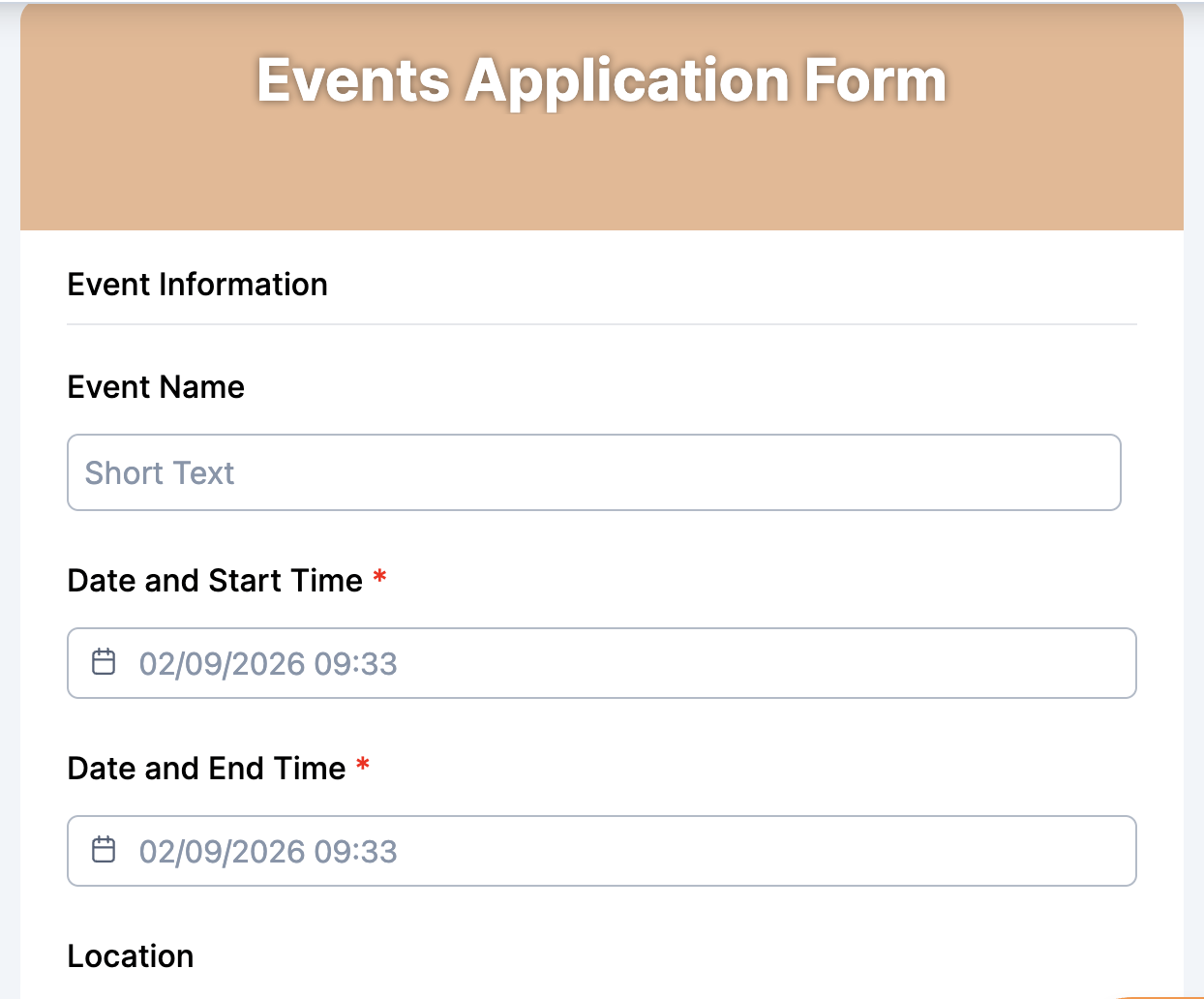 Events Application Form Preview