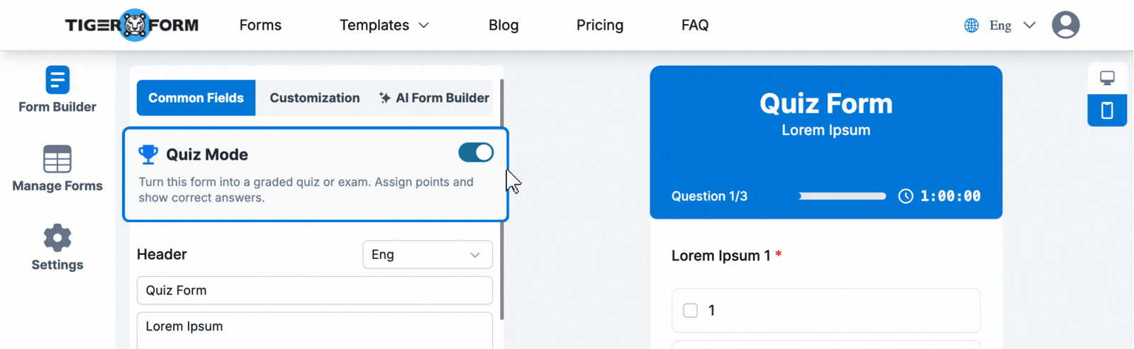 TIGER FORM Quiz form mode