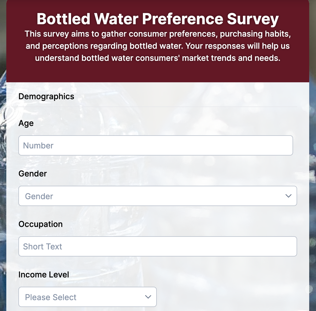 Bottled Water Preference Survey Form Preview